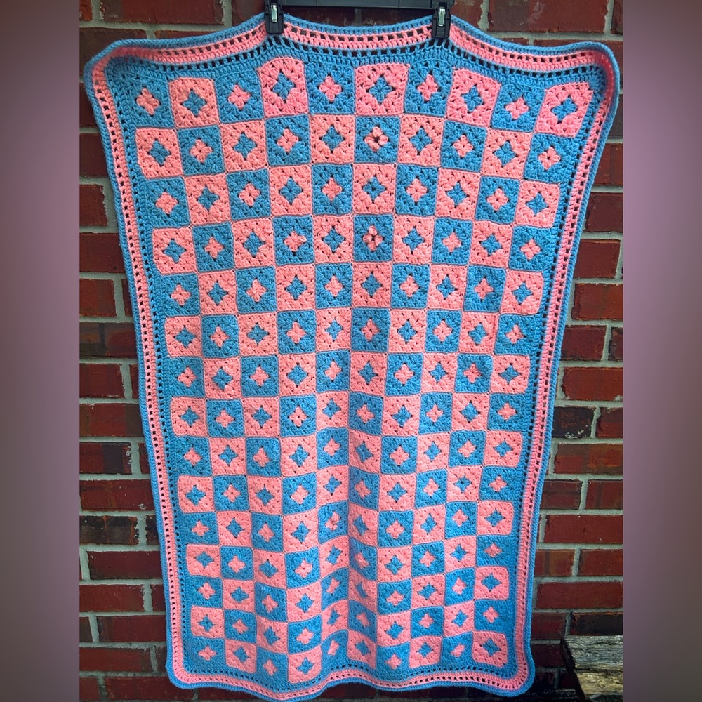 Large Crocheted Blanket Baby Blue and Pink Appx 4 Feet Long x 32 Inches Wide B1